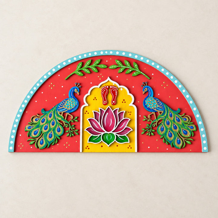 Hand-Painted Peacock & Lotus Semi-Circle Mdf Rangoli With Mirror Work For Festive Decor