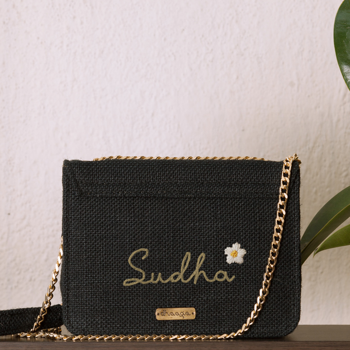 Personalized Embroidered Pink Buttercups Black Flap Bag