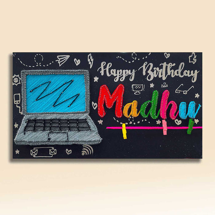 Photo Personalized String Art Laptop Theme Wooden Name Plate