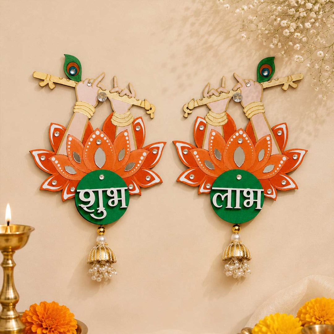 2 Pc | Hand-Painted Krishna Flute Design MDF Shubh Labh Hangings
