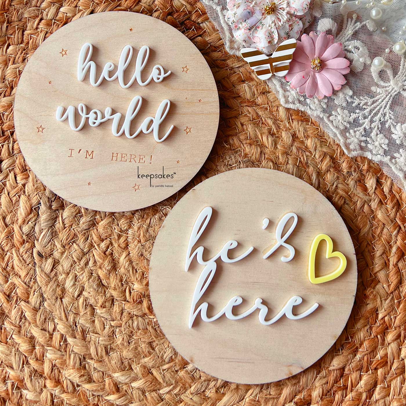 Buy He's Here & Hello World Birch Wood Photo Prop For Newborn ...