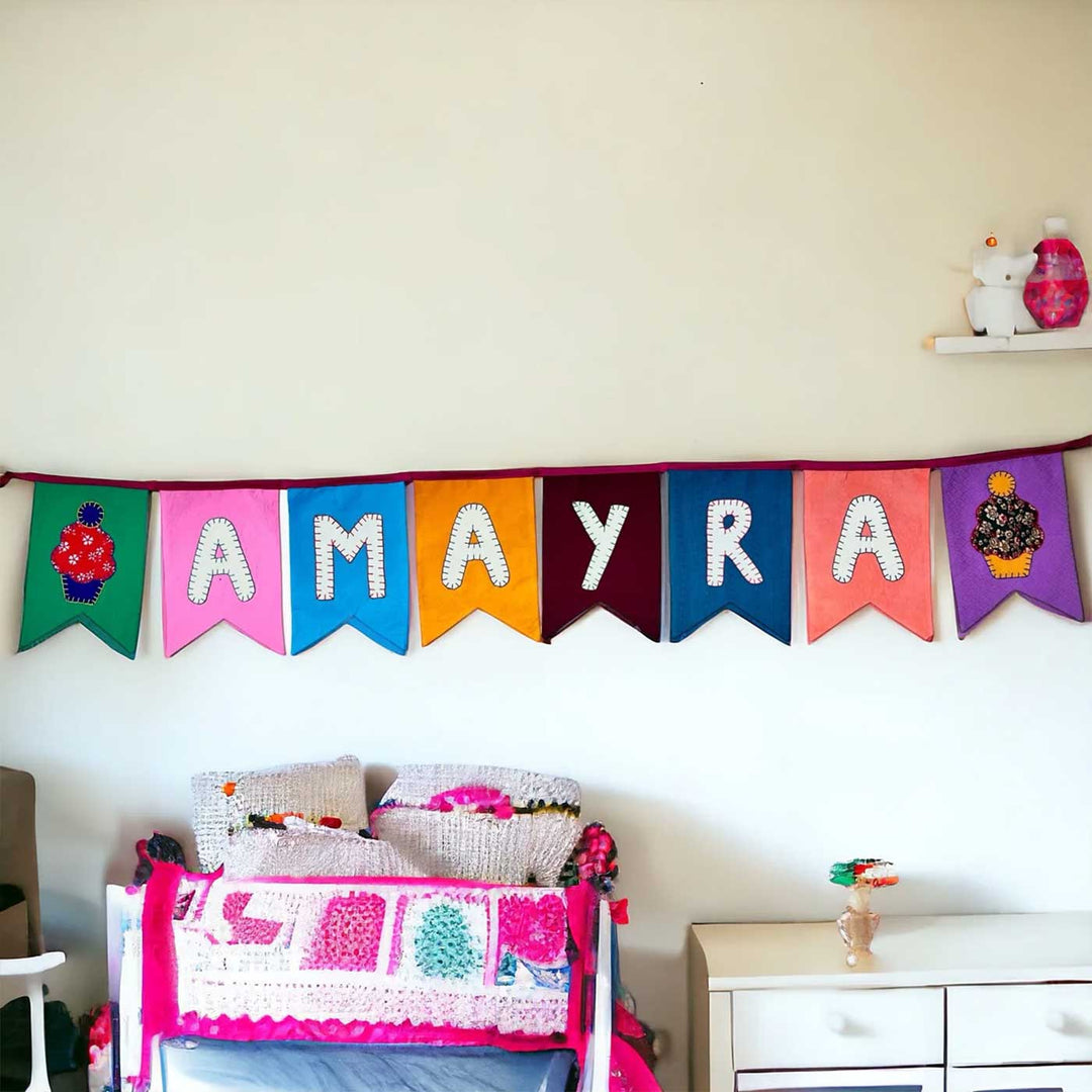 Personalized Handmade Multicolored Forked End Cupcake Theme Upcycled Fabric Bunting