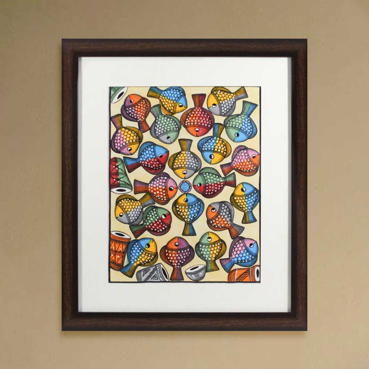 26 x18 Inch | School Of Colorful Fish | Original Hand Painted Kalighat Painting | Natural Colors On Paper