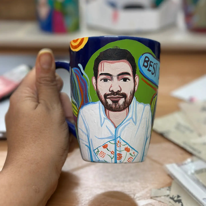 Photo Personalized Hand-Painted Pop Art Illustrated Caricature Rakhi Hamper | Includes 1 Mug, 1 Rakhi