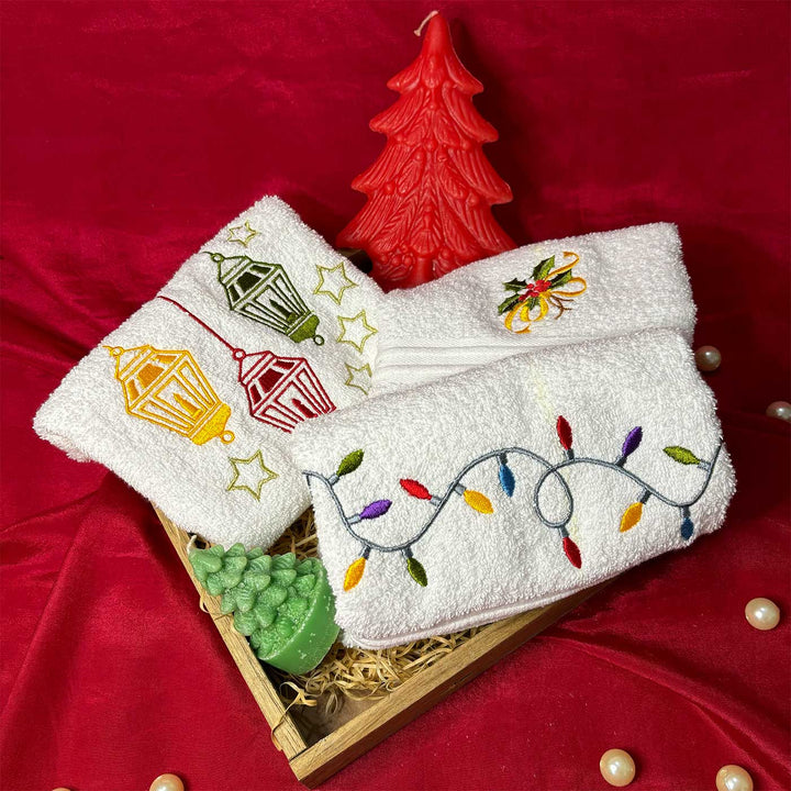 Personalized Lantern, Candles, Fairy Lights & Holly Leaves Embroidered Towel & Candle Hamper | Xmas Gifting Ideas | Set Of 6