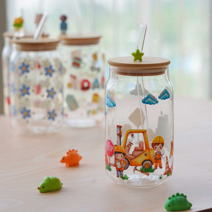 Cute Printed "Bob The Builder" Theme Glass Tumbler With Straw For Kids