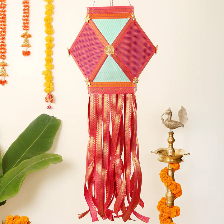 Handmade Decorative Red & Blue Premium Khun Fabric Akash Kandil/Lantern
