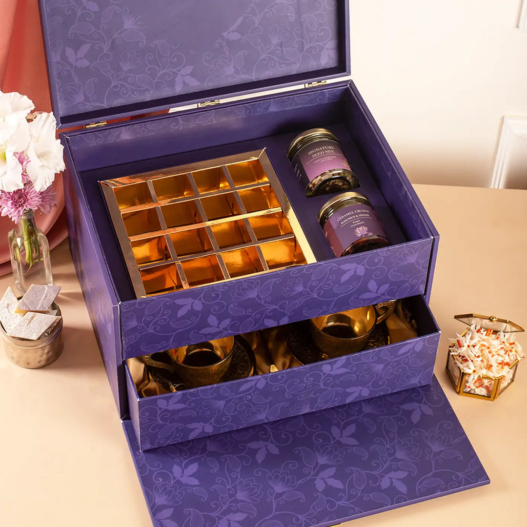 Premium Royal Revelrie Diwali Gift Hamper | Includes 2 Dry Fruit Jars, 1 Kaju Katli, 2 Brass Tea Sets, 1 Gift Box