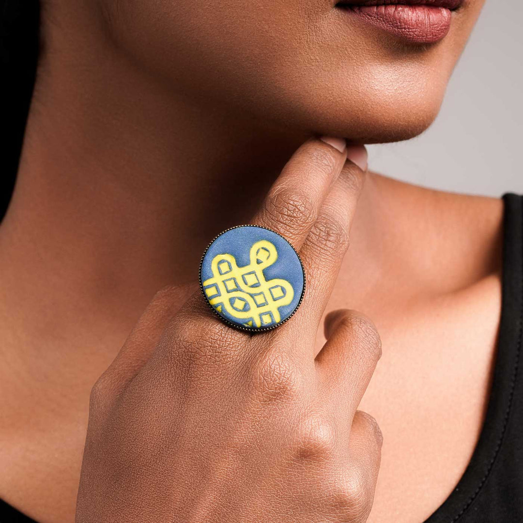 Handmade Polymer Clay Madhivadhani Kolam Design Ring