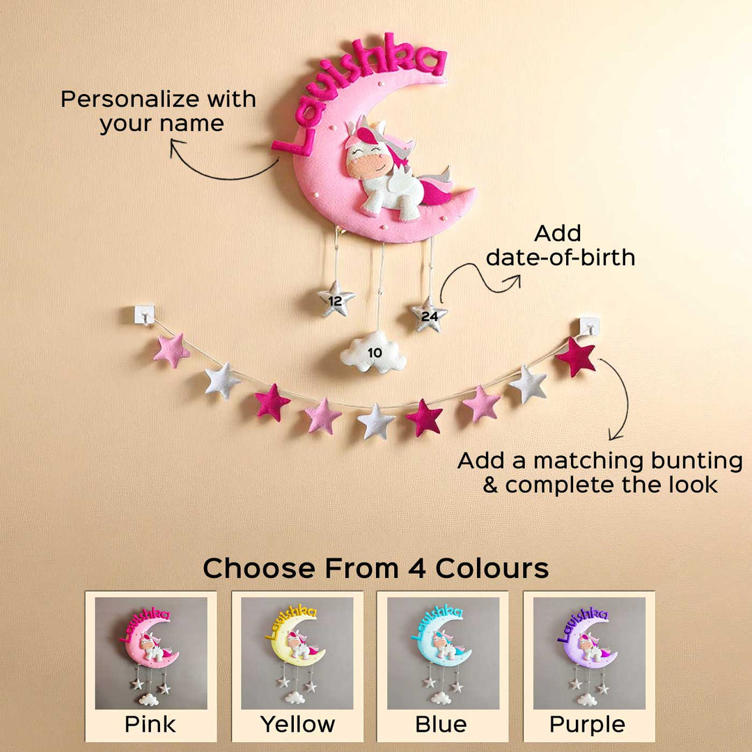 Hand-stitched Cute Unicorn Themed Moon Felt Nameplate