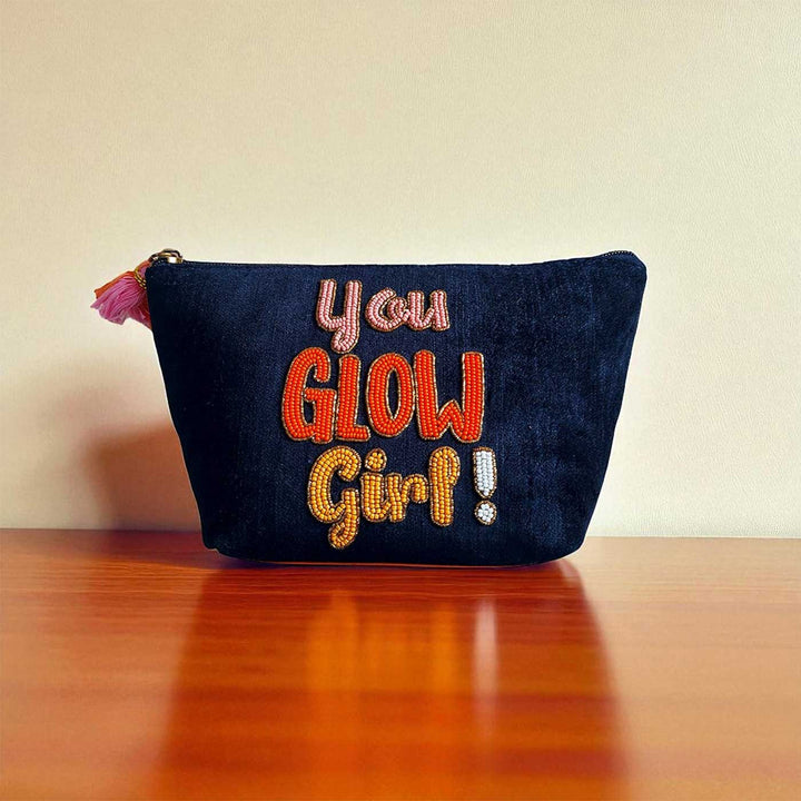 Handmade Embroidered Blue You Glow Girl Design Velvet Pouch