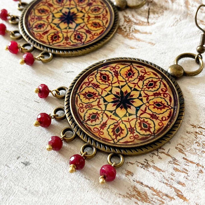 Yellow Floral Queen’s Dome Mandala Metal Earrings