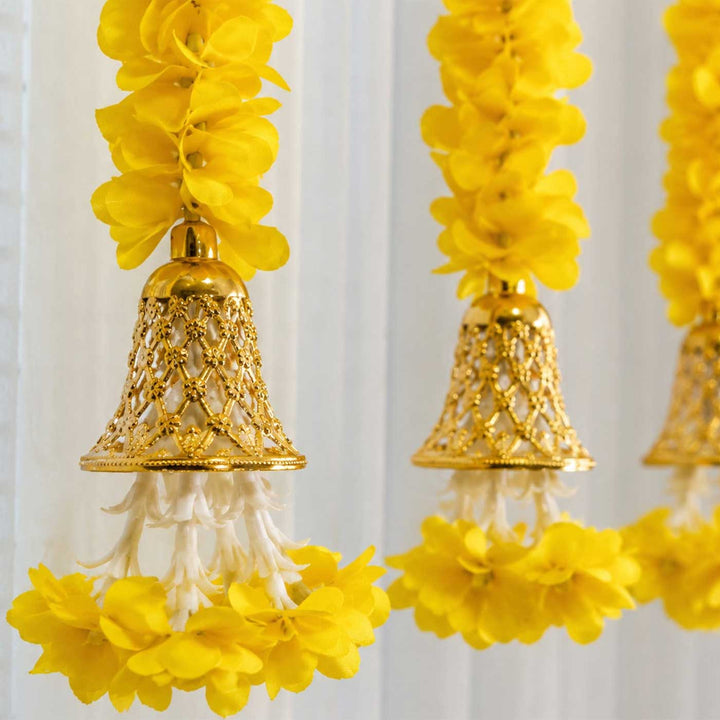 Handcrafted Small Yellow Artificial Flowers Door Hangings With Tassel Bells