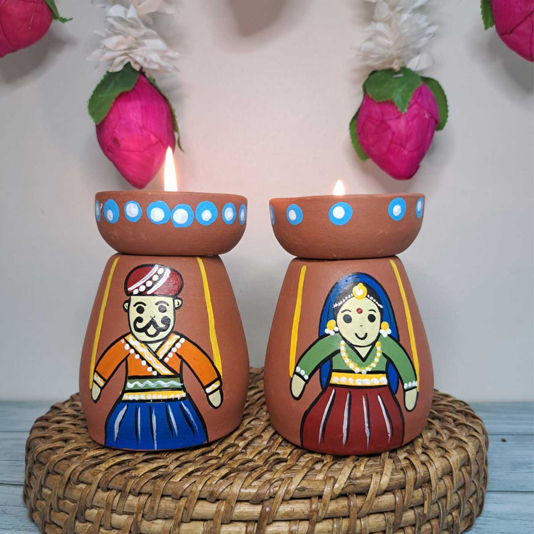 Hand-Painted Rajasthani Puppet Theme Terracotta Tealight Holder | Set Of 2