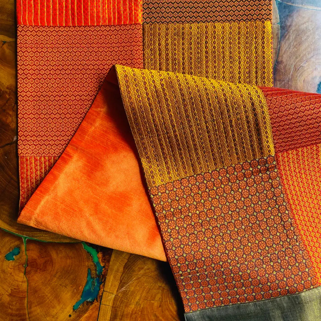 Handmade Orange Geometry Design Khunn Fabric Cotton Table Runner | 12 x 60 Inch