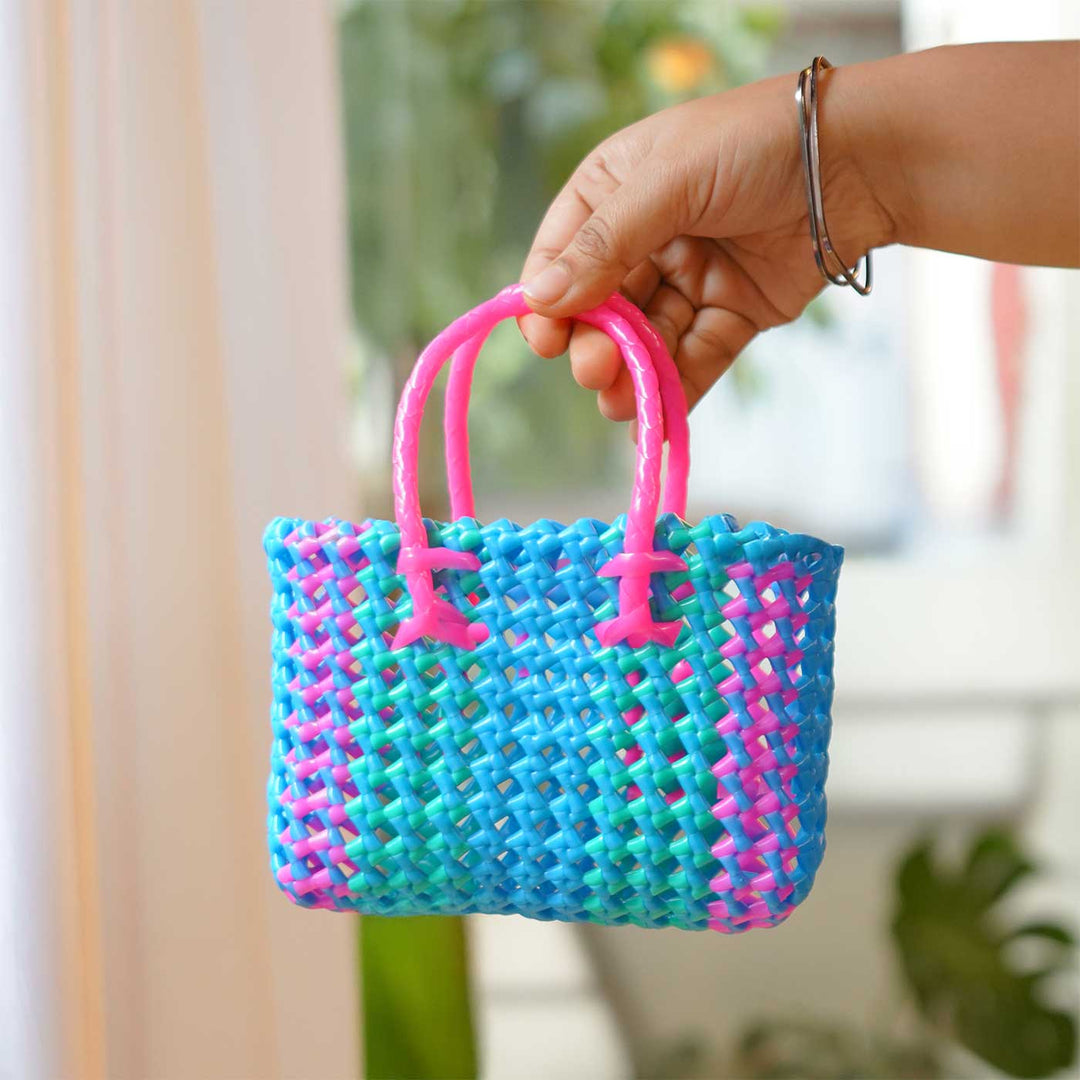 Handwoven Blue & Pink Small Plastic Wire Koodai Bag For Festive Return Gifts