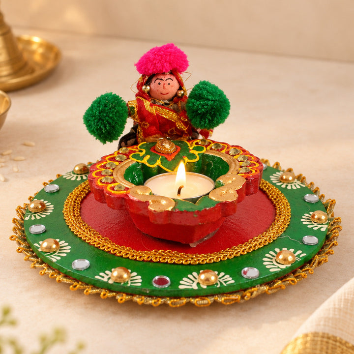 4 Pc | Puppet Handmade Fabric-Wrapped MDF Diya Thali For Pooja Room Decor