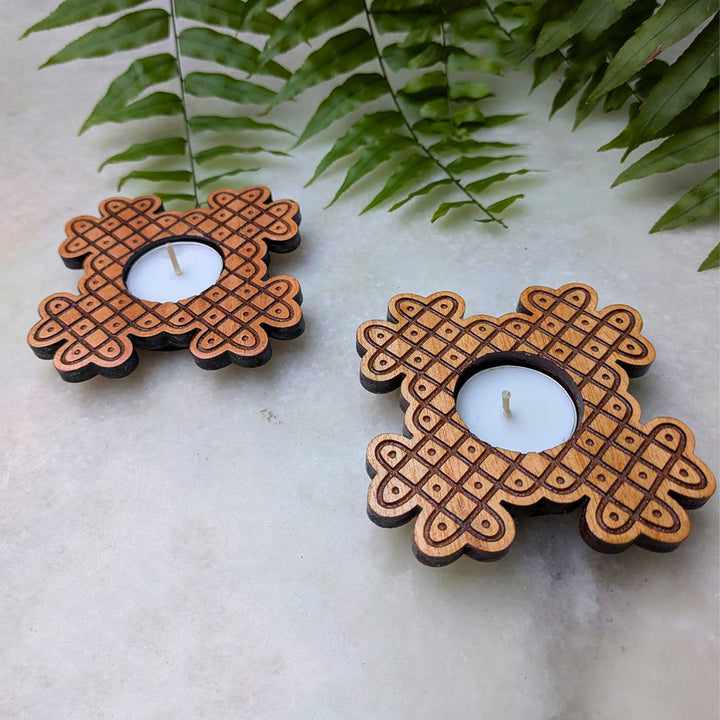 4 pc | Cross Lattice Hand-Engraved Mahogany Wood Kolam Tealight Holders