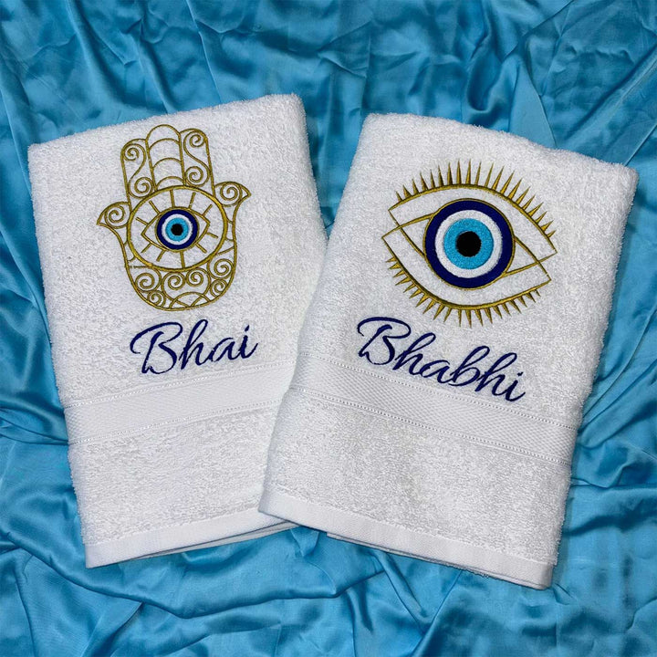 Personalized Embroidered Evil Eye Theme Cotton Bath Towel For Bhaiya And Bhabhi | Set Of 2