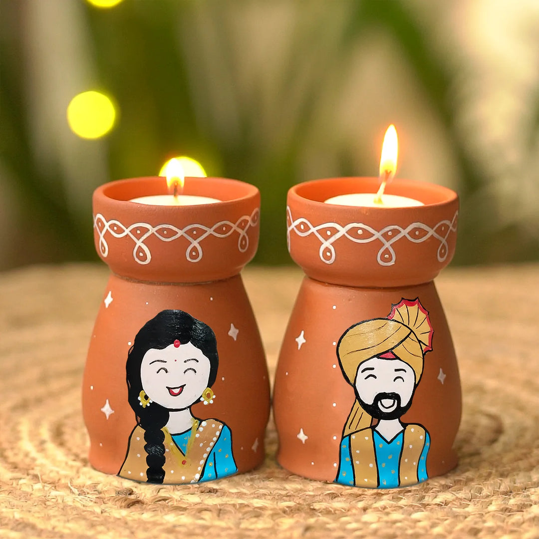 Hand-Painted Punjabi Couple Terracotta Tealight Holder | Set Of 2