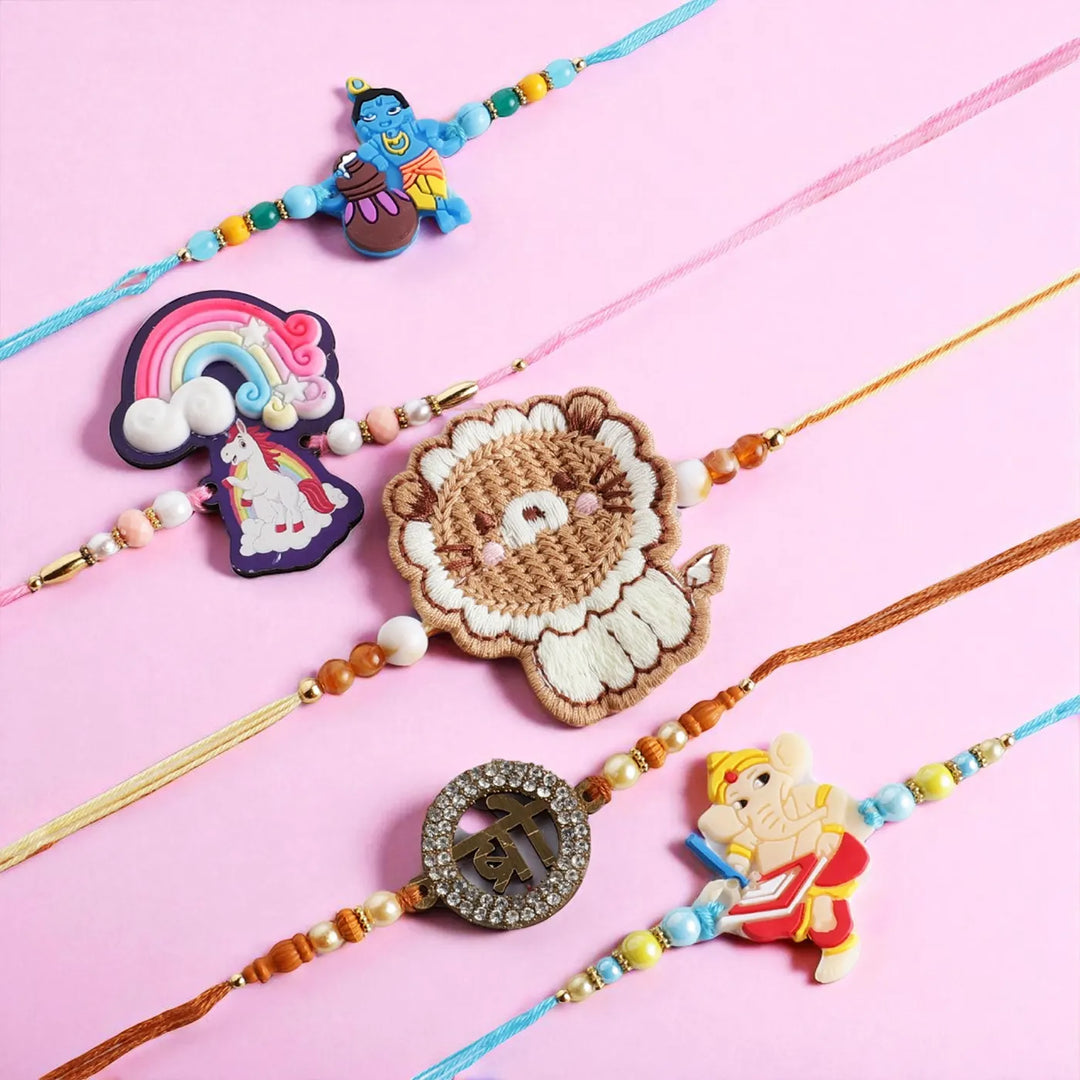 Handmade Unicorn, Bro, Lion, Ganesh & Krishna Rakhi With Roli Chawal | Set Of 5