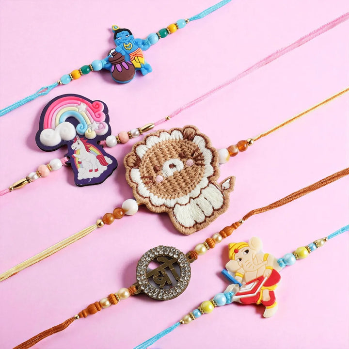 Handmade Unicorn, Bro, Lion, Ganesh & Krishna Rakhi With Roli Chawal | Set Of 5