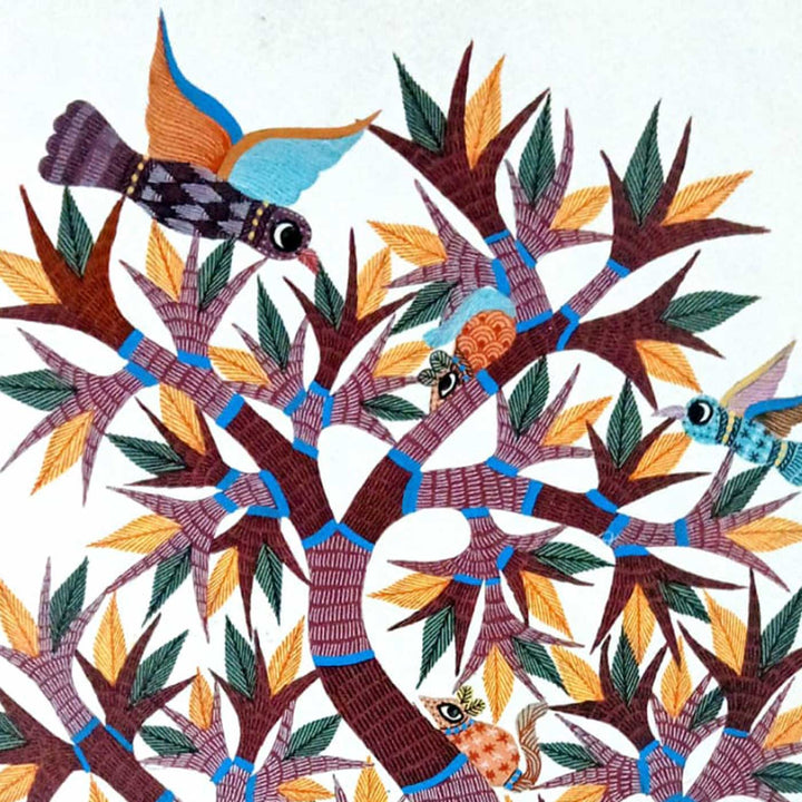 11 x 15 Inch | Tree with Birds & Animals | Original Hand painted Tribal Gond Art Painting | Acrylic Paints On Paper
