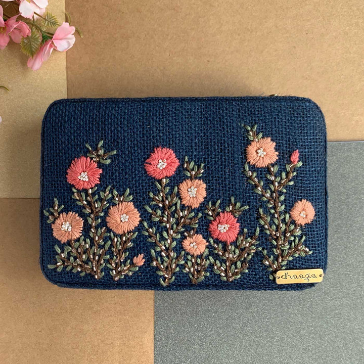 Personalized Embroidered Pink Buttercups Navy Blue Box Clutch