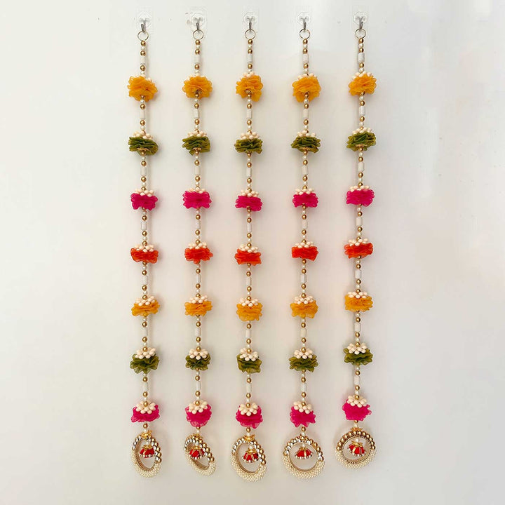 5 Pc | Handmade Multi-Colour Tissue Flower Hangings With Moti Beads