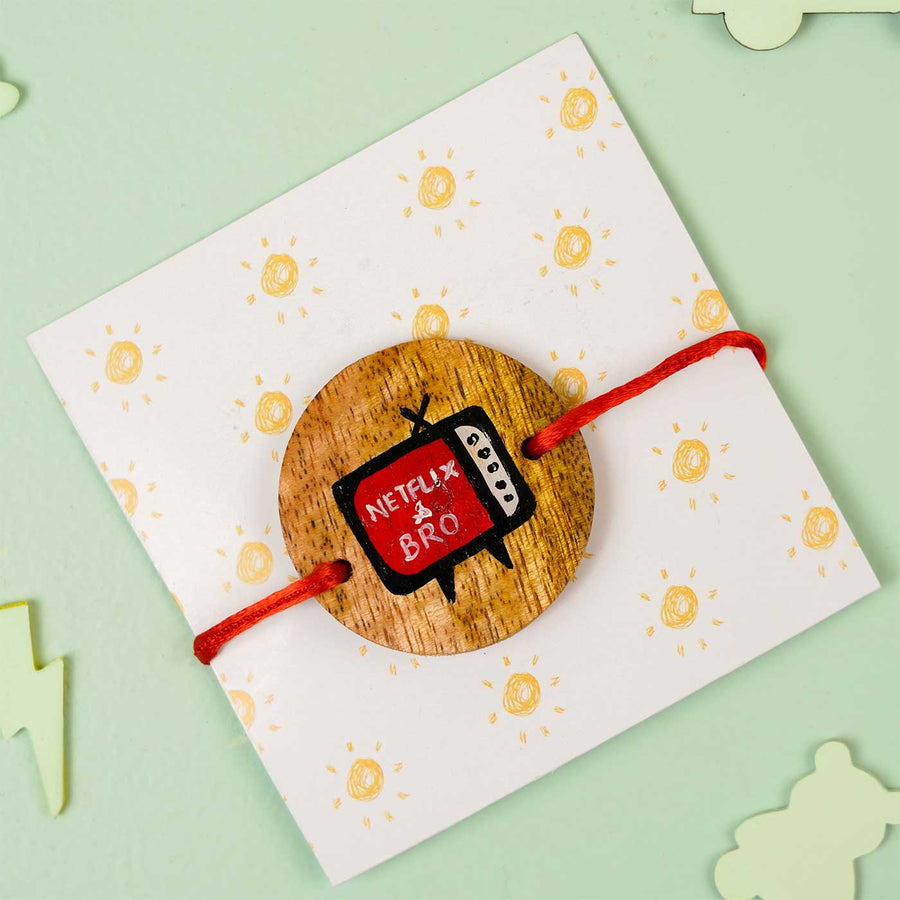 Personalized Hand Painted Netflix Bro Wooden Rakhi With Roli Chawal - On Packaging Display