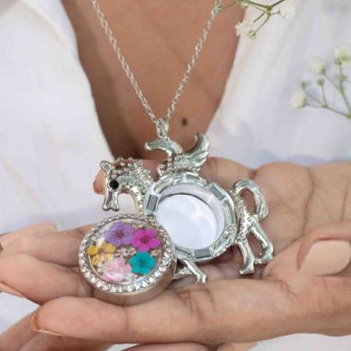 Photo Personalized Unicorn Shaped Multicolour Preserved Flower Brass Necklace With Locket