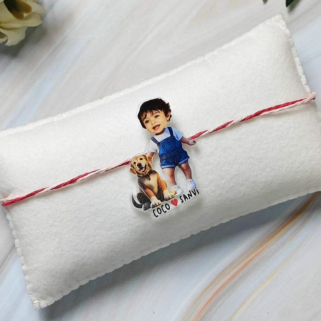 Photo Personalized Reusable Caricature Cute Dog & Girl Acrylic Rakhi