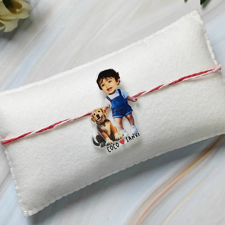 Photo Personalized Reusable Caricature Cute Dog & Girl Acrylic Rakhi