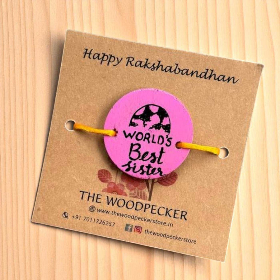 Personalized Hand Painted Worlds Best Sister Wooden Rakhi With Roli Chawal - Product on Display Card