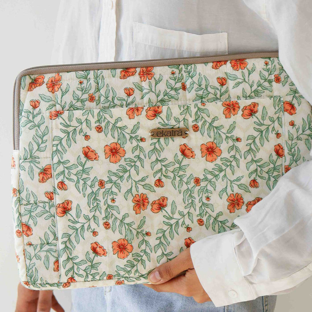 Handmade Sustainable Orange Flower Laptop Sleeve