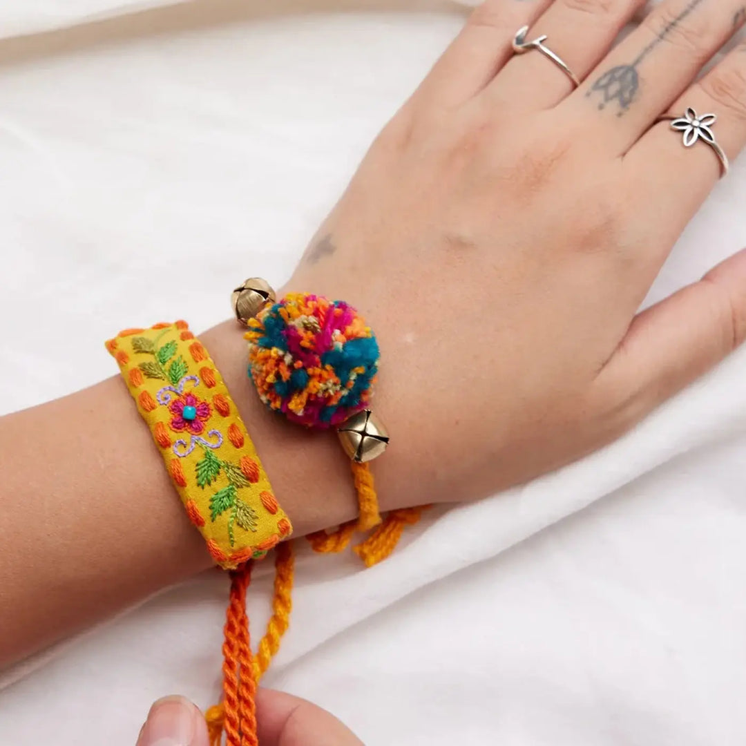 4 pc Rakhi + Brass Thali Set | Premium Zoey Beads & Pom Pom Rakhi Set with Roli Chawal