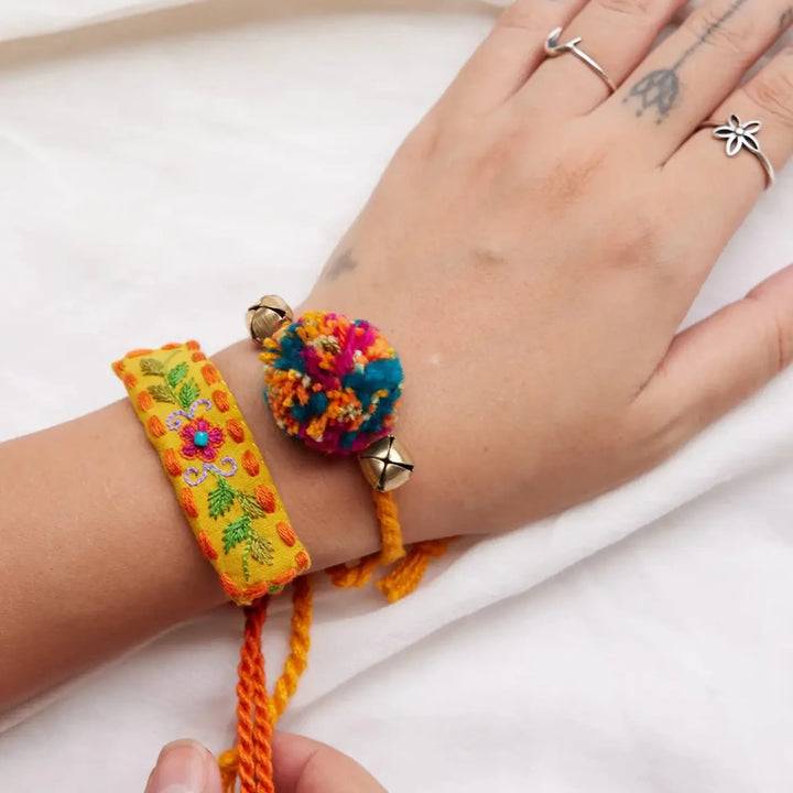 4 pc Rakhi + Brass Thali Set | Premium Zoey Beads & Pom Pom Rakhi Set with Roli Chawal