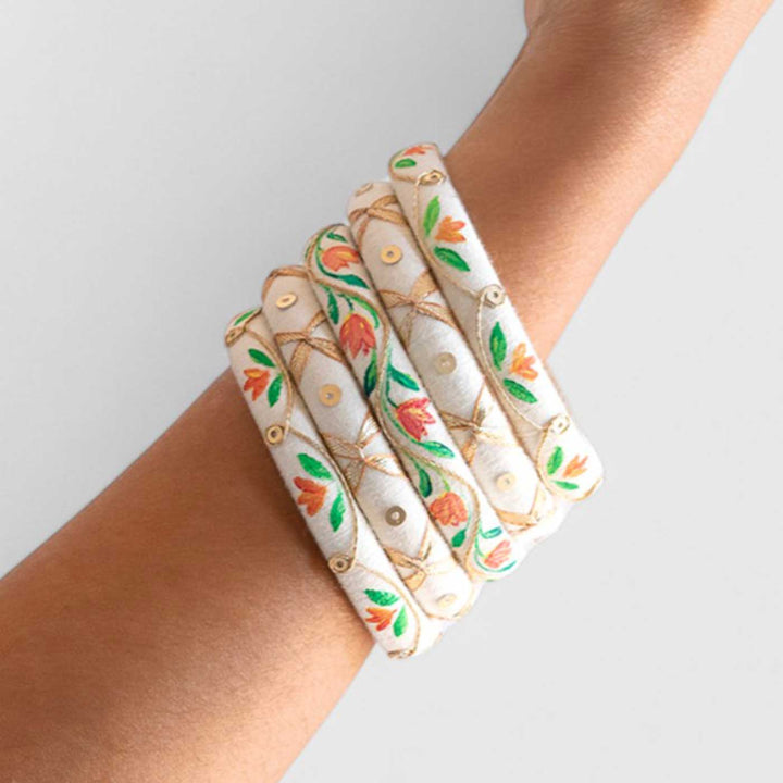 Off White Handcrafted Floral Sequin Bangles | Set of 5
