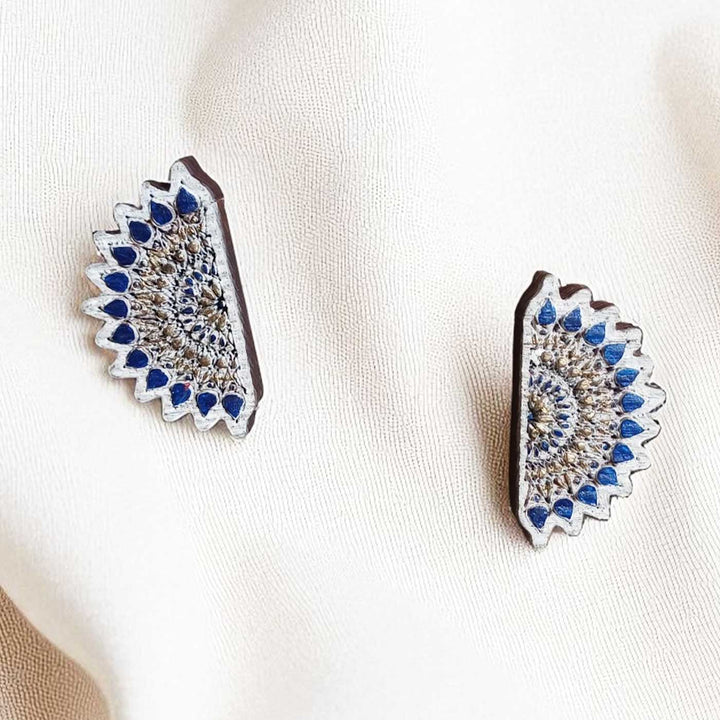 Handmade Blue Sun Design Wooden Earrings