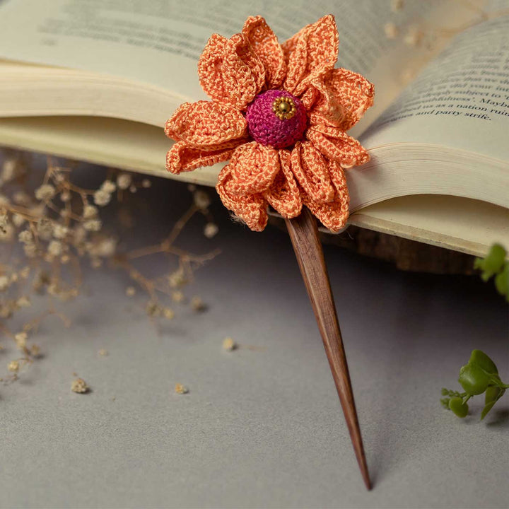 Handmade Crochet Orange Camelia Design Hairstick