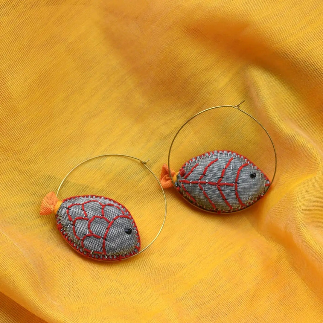 Handmade Textile Art Fish Shaped Hoop Dupion Silk Fabric Earrings