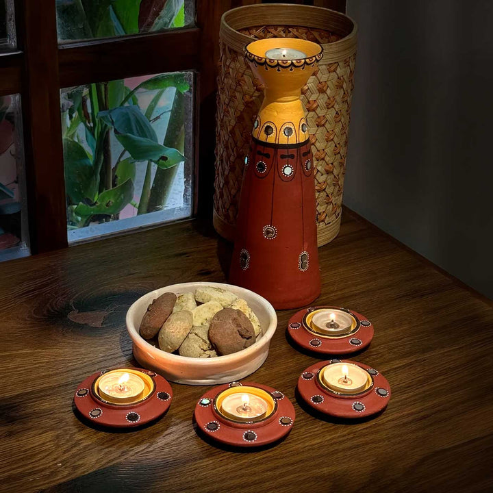 Set of 5 | Natural Finish Hand-Painted Terracotta Disc & Long Diya Tealight Holders For Festive Decor
