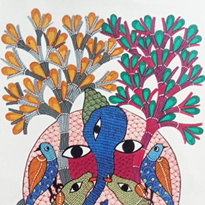 11 x 16 Inch | Trees, Birds & Human Face | Original Hand Painted Tribal Gond Art Painting | Acrylic Paint On Paper