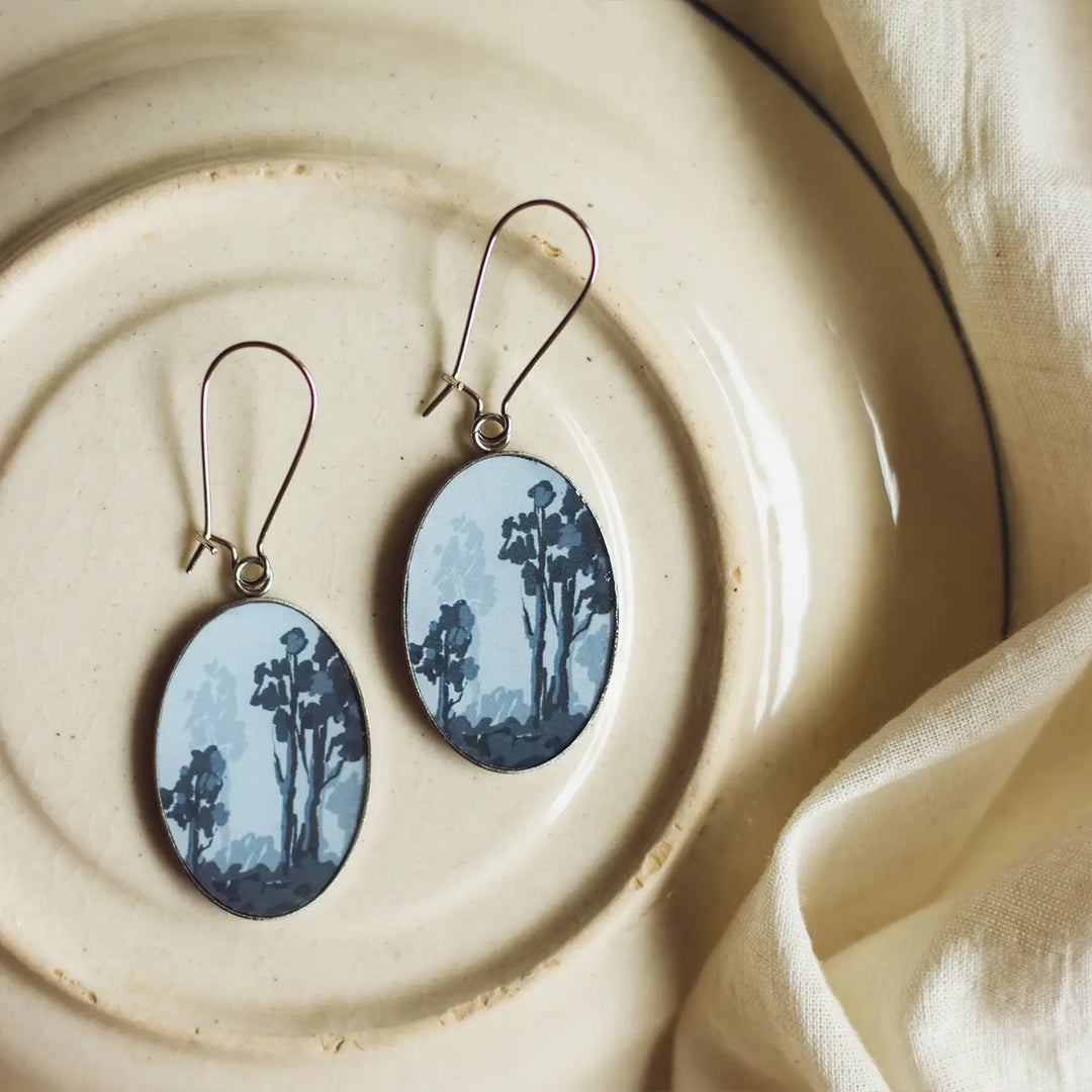 Illustrated Vintage Forest Design Resin & Stainless Steel Earrings