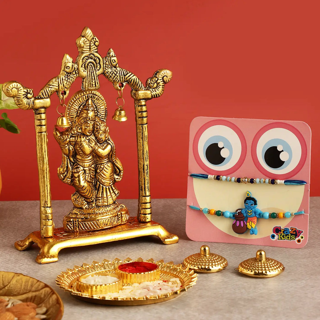 Handmade Krishna Rakhi Hamper | Includes 1 Radha Krishna Idol, 2 Rakhis, 1 Roli Chawal