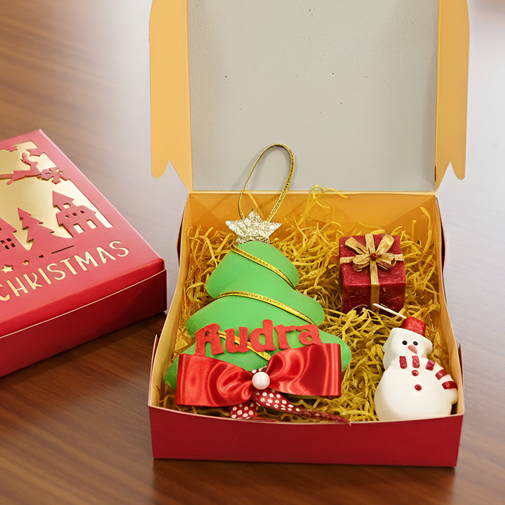 Personalized Christmas Gift Hamper | Includes 1 Ornament, 1 Gift Box Candle, 1 Snowman Candle