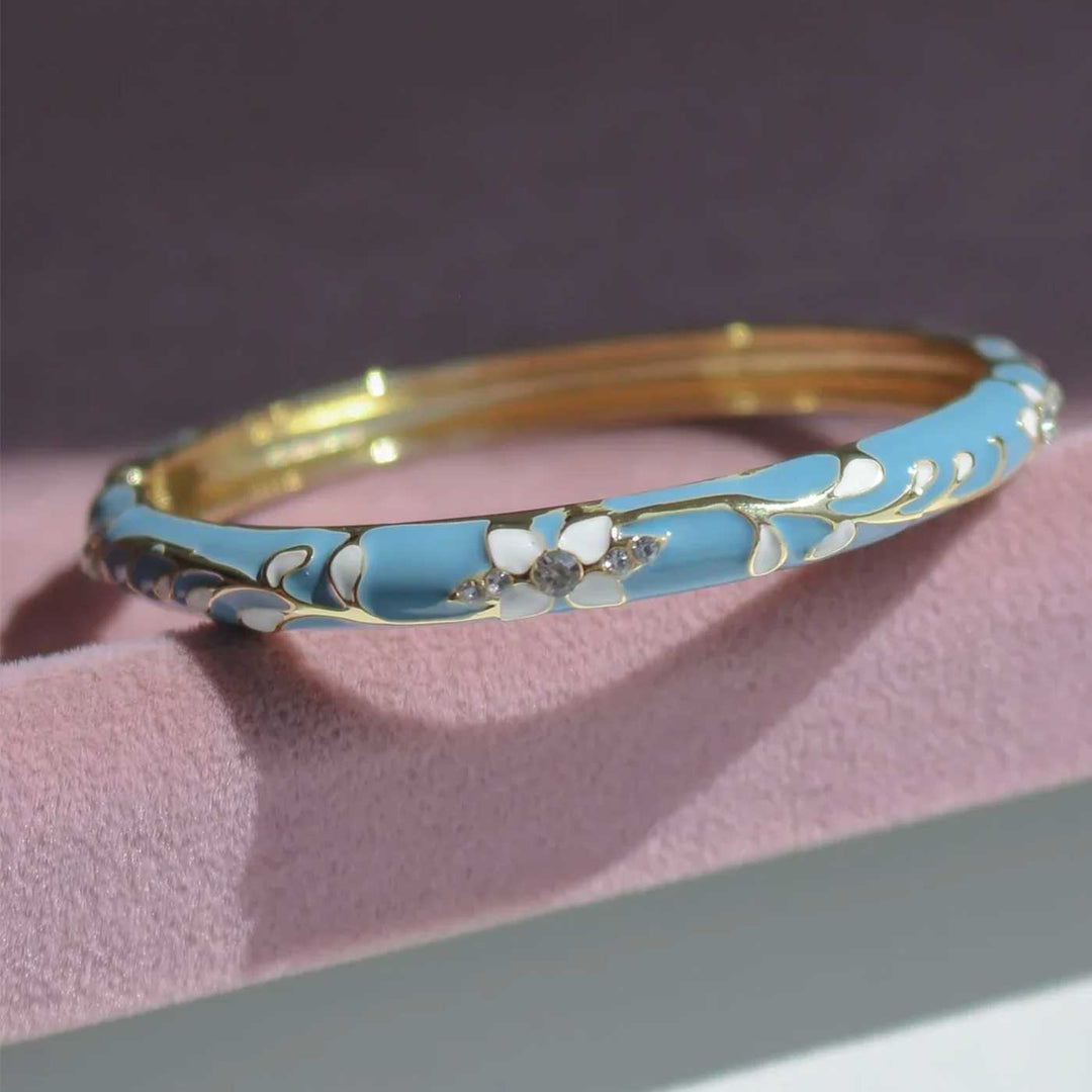 Handcrafted Floral Enamel Crystal Studded 18K Gold Plated Stainless Steel Openable Bangle - Sky Blue