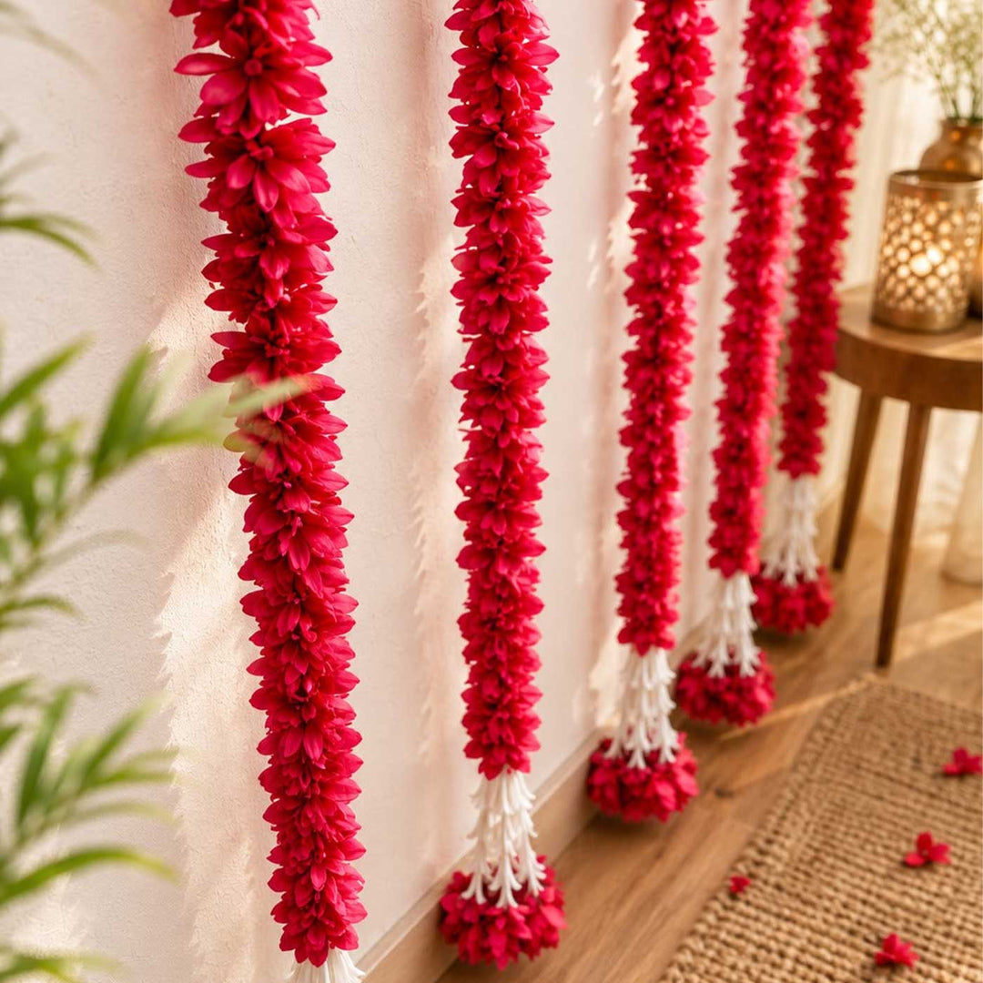 Handcrafted Artificial Flower Dark Pink Floral Tassel Long Hangings with Top Loop
