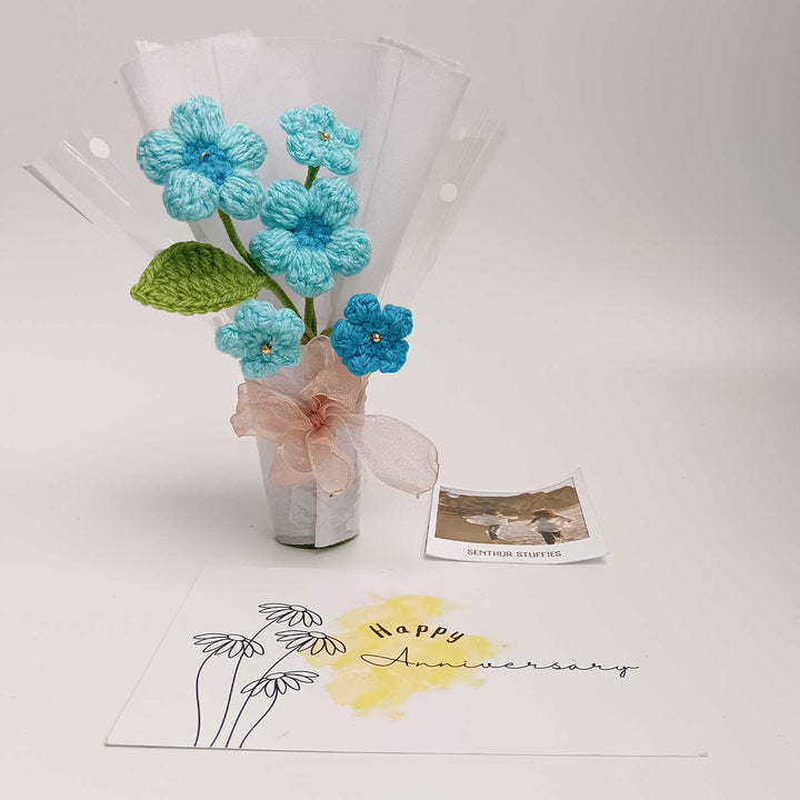 Handmade Crochet Classic Blue Mini Flower Bouquet | Includes Photo & Greeting Card