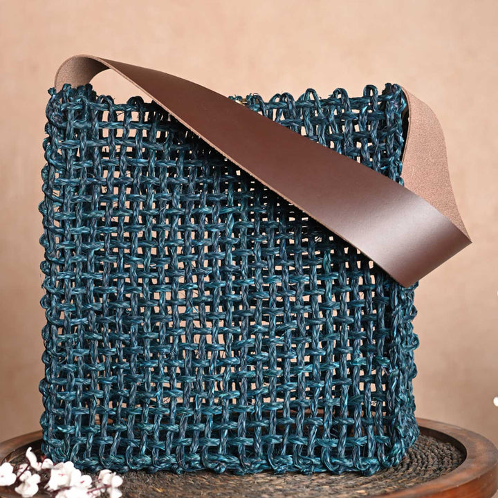 Handmade Grass Woven Box Shaped Leather Strap Sabai Mesh Tote Bag